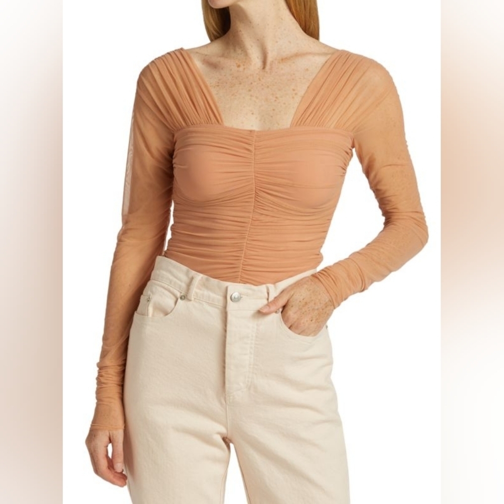 A.L.C. Nude Pink Square Neck Long Sleeve Jackie Ruched Tulle Top Romantic